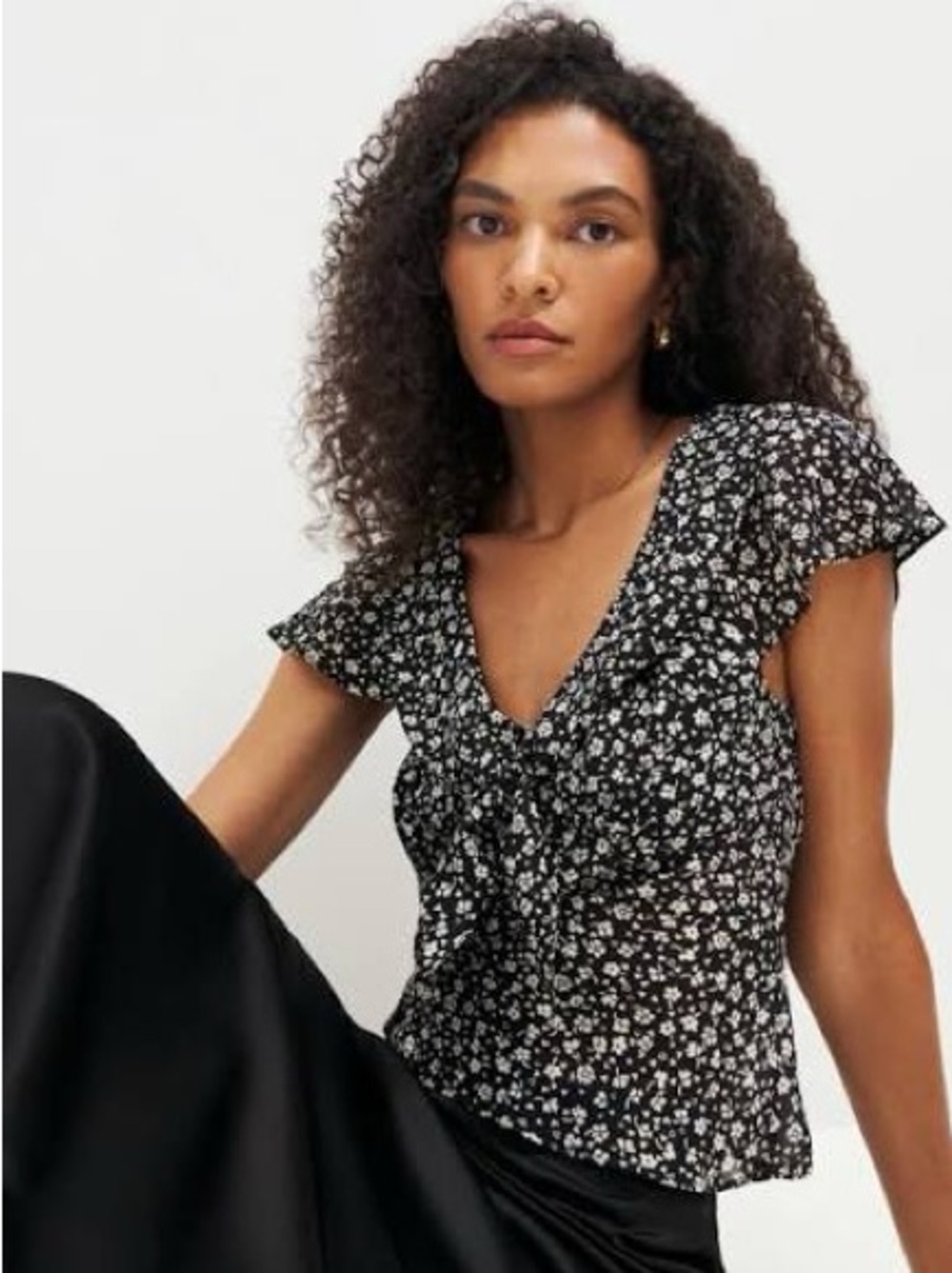 Reformation - Black Floral Tie-Front V-Neck Top